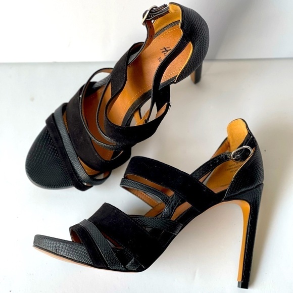 H&M Strappy Black Leather Sandals Stiletto Platform Heels, Sz 7 - Picture 7 of 13